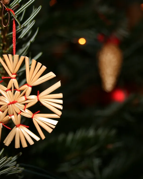 Traditional straw star ornament hanging on a Christmas tree branch