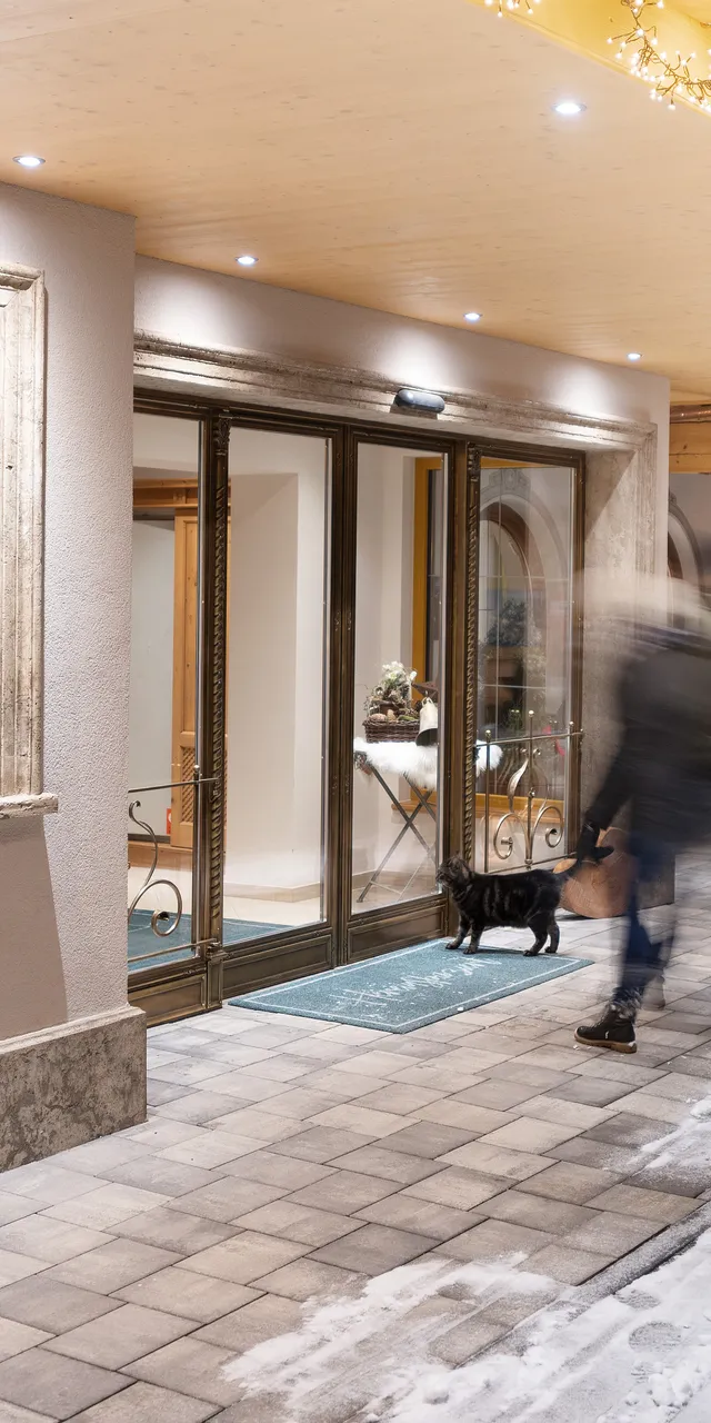 Eingang des Hotel Riedl mit Winterbeleuchtung, schneebedecktem Boden und ankommendem Gast mit Hund