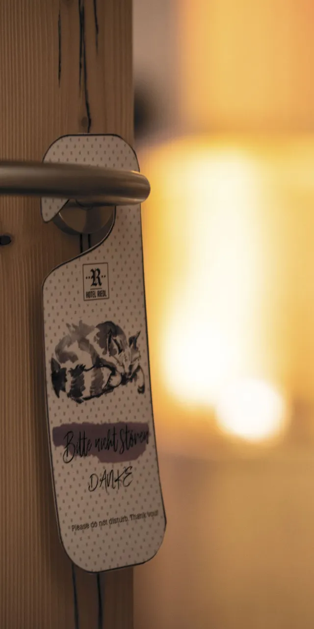 Bitte nicht stören Schild mit schlafender Katze an hölzerner Hotelzimmertür
