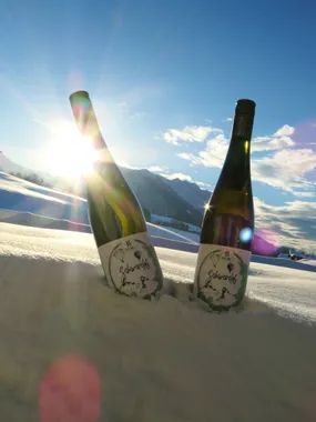 Two Schwereels wine bottles in snow with mountain backdrop and sunset flare