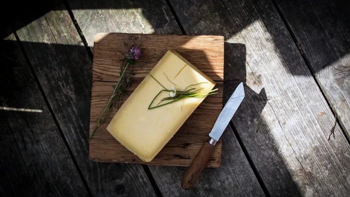 Block of hard cheese on a wooden board with herbs and knife on rustic wood surface
