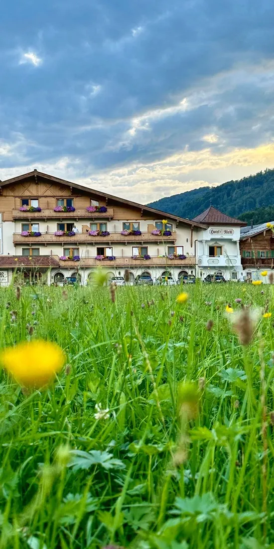 Alpine hotel with flower balconies behind a meadow under a cloudy sky