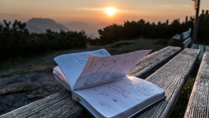 Open journal with handwritten notes on a wooden bench at sunset in the mountains