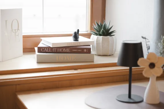 Dekorative Bücher auf einer Fensterbank mit einem Sukkulenten daneben