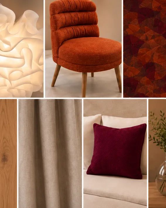 Interior design collage with orange chair, decorative lamp, wood and fabric textures