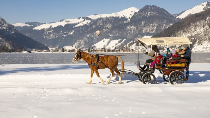 Horse-drawn sleigh carrying people through snowy landscape with mountains