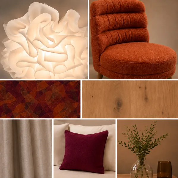 Collage moderner Wohnkultur: Lampe, orangefarbener Stuhl, gemusterter Stoff, Holztextur, Vorhänge und Vase mit Grün