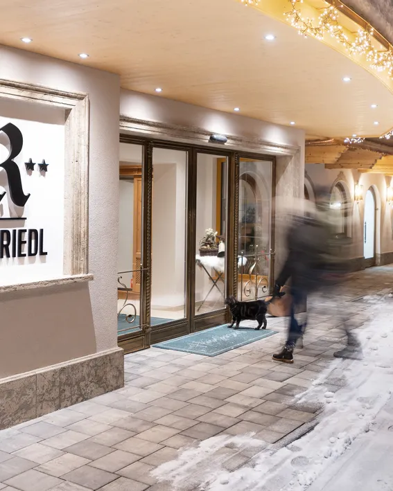 Eingang des Hotel Riedl mit Winterbeleuchtung, schneebedecktem Boden und ankommendem Gast mit Hund