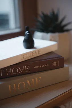 Bücherstapel auf einem Holztisch mit schwarzer Figurine und Pflanze im Hintergrund