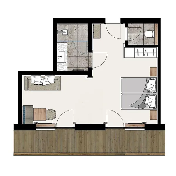 Grundriss einer Einzimmerwohnung mit Balkon, Küche, Bad und Wohnbereich
