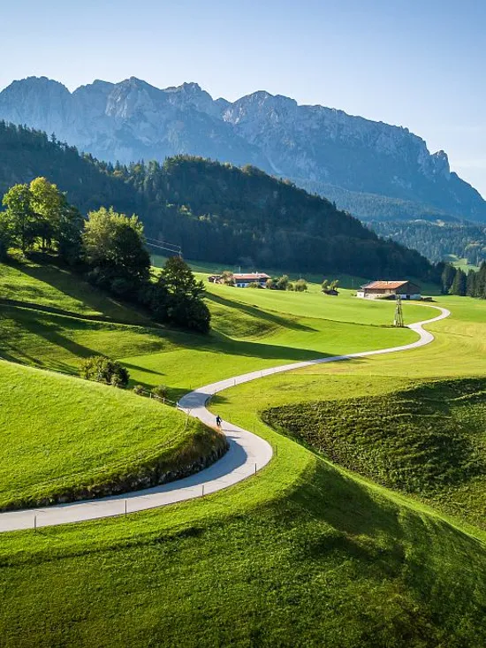 Kurvige Landstraße durch grüne Wiesen mit Alpen im Hintergrund