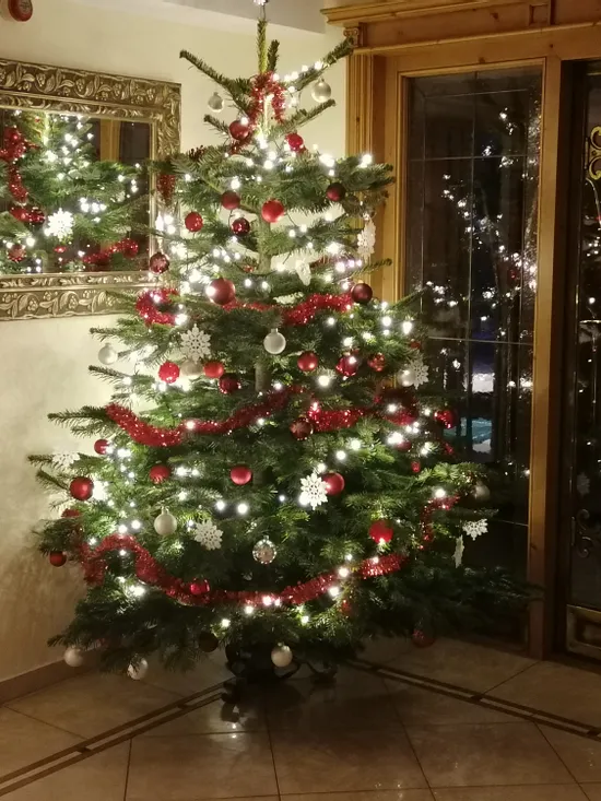 Geschmückter Weihnachtsbaum mit roten und weißen Kugeln und Lichtern in einem gemütlichen Wohnzimmer