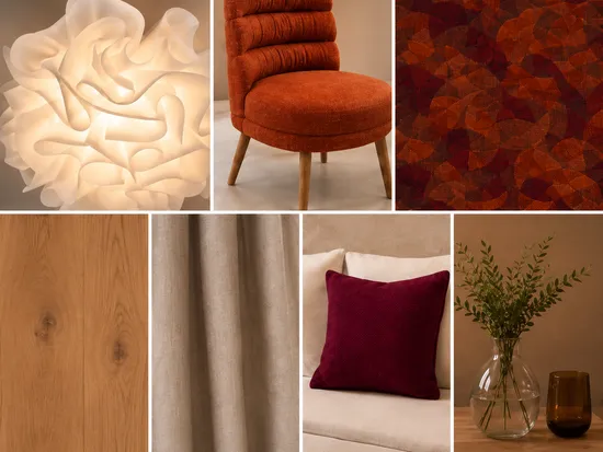 Inneneinrichtung Collage mit orangefarbenem Stuhl, Dekolampe, Holz- und Stofftexturen
