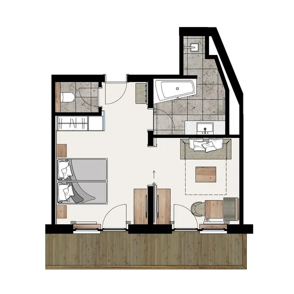 Grundriss einer Einzimmerwohnung mit Wohnzimmer, Küche, Bad und Balkon