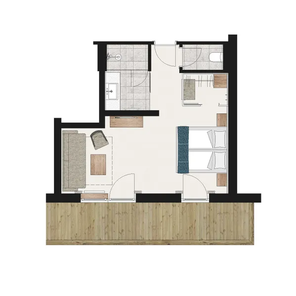 Grundriss einer Einzimmerwohnung mit Wohnbereich, Bad und Balkon