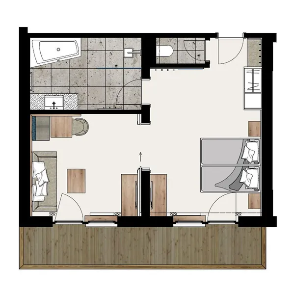 Grundriss einer Einzimmerwohnung mit Bad, zwei Einzelbetten, Sofa und Balkon