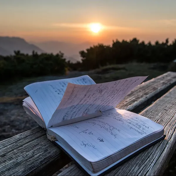 Open journal with handwritten notes on a wooden bench at sunset in the mountains
